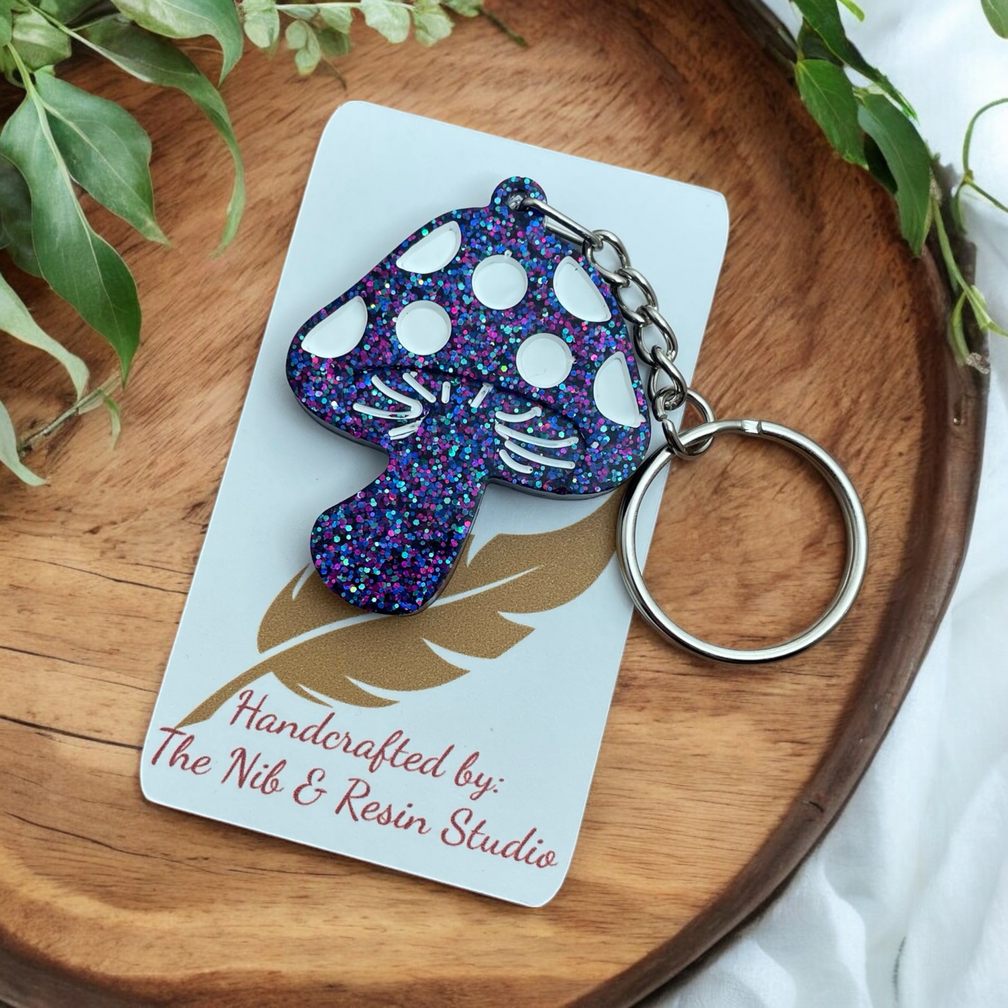 Mini Mushroom Keychain – Inside Out Purple Glitter Resin Mushroom Keychain