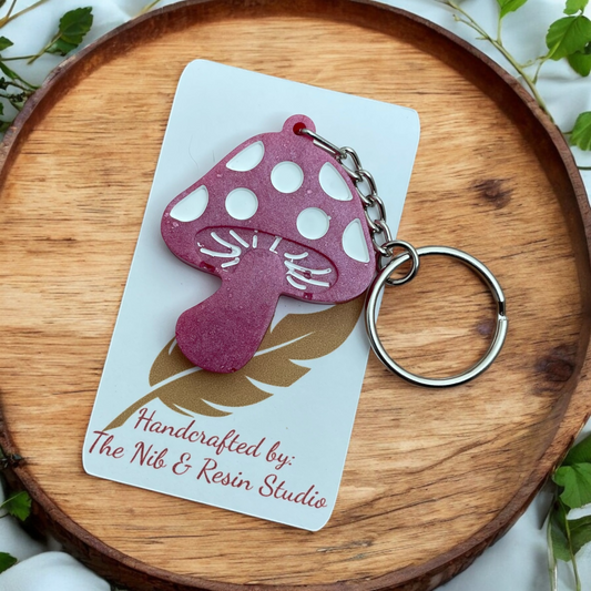 Mini Mushroom Keychain – Pink Mica Resin Mushroom Keychain