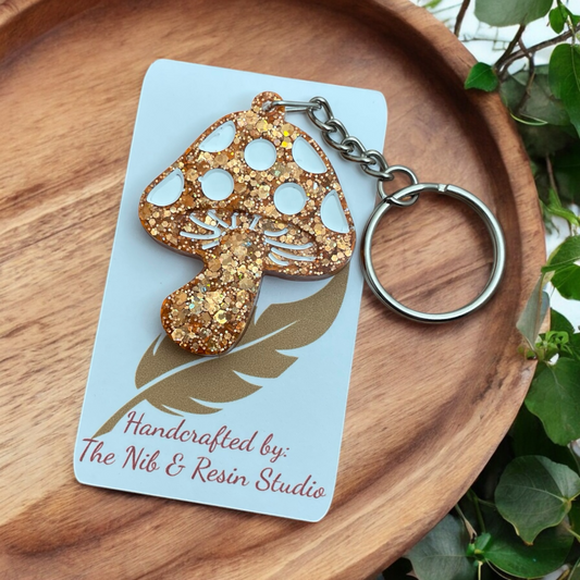 Mini Mushroom Keychain – Pumpkin Spice Glitter Resin Mushroom Keychain