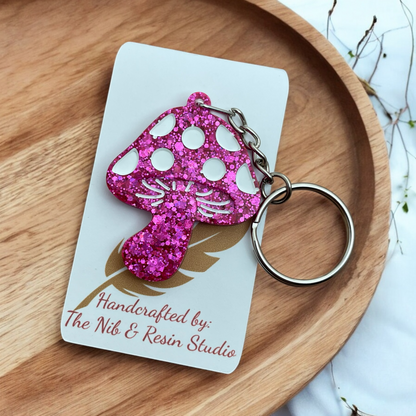 Mini Mushroom Keychain – Raspberry Torte Glitter Resin Mushroom Keychain