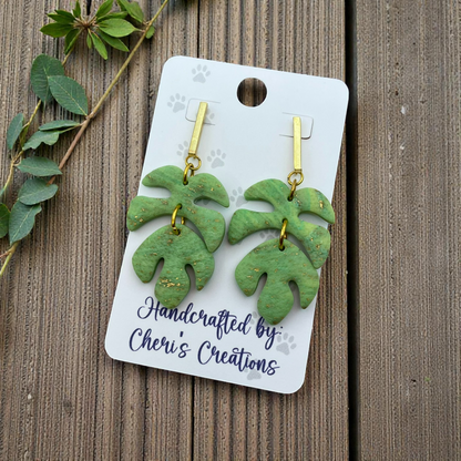 Monstera Leaf Dangle Earrings – Handmade Polymer Clay Earrings