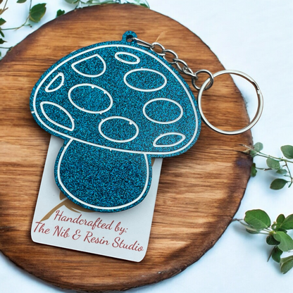 Mushroom Keychain – Deep Blue Sea Glitter Resin Mushroom Keychain