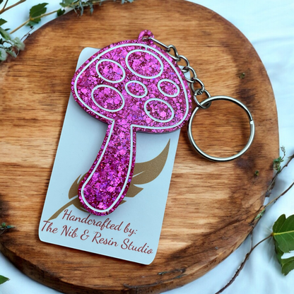 Mushroom Keychain – Raspberry Torte Glitter Resin Mushroom Keychain