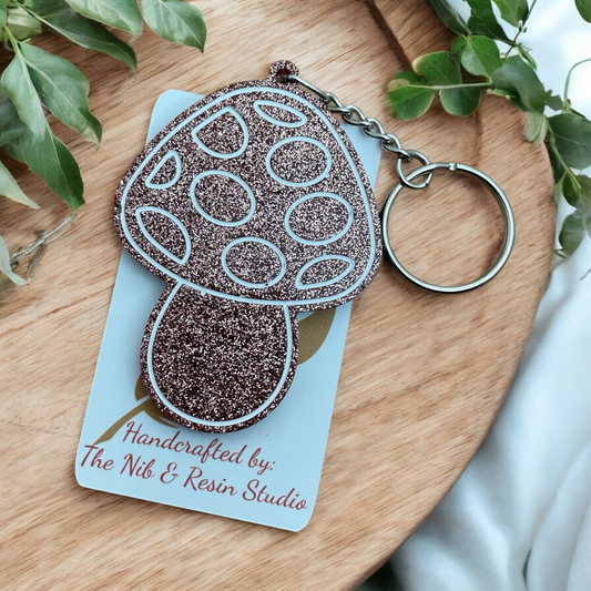 Mushroom Keychain – Rose Gold Glitter Resin Mushroom Keychain