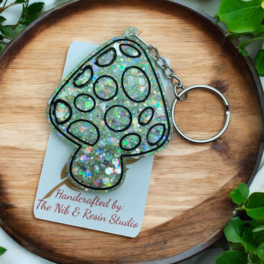 Mushroom Keychain – Slimer Iridescent Green Glow Glitter Resin Mushroom Keychain
