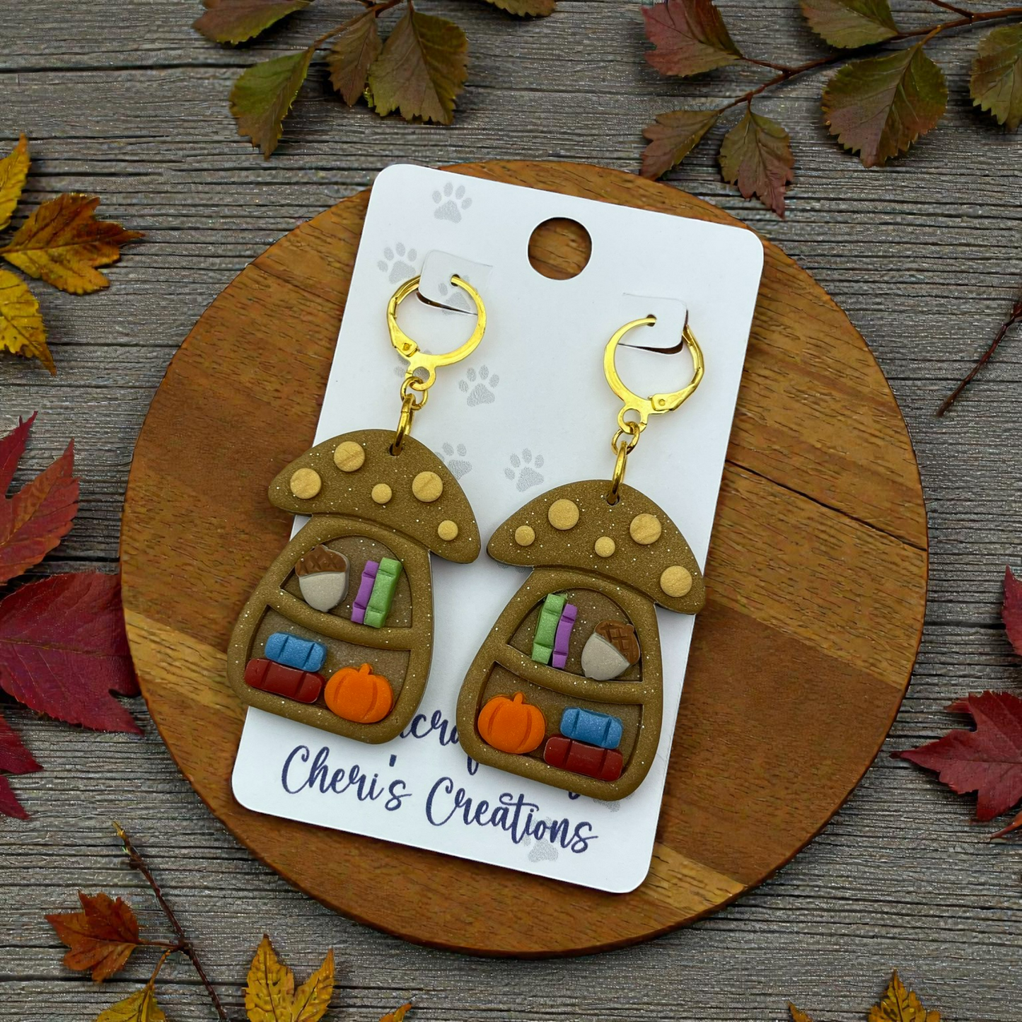 Mushroom Bookshelf Dangle Earrings – Handmade Polymer Clay Earrings