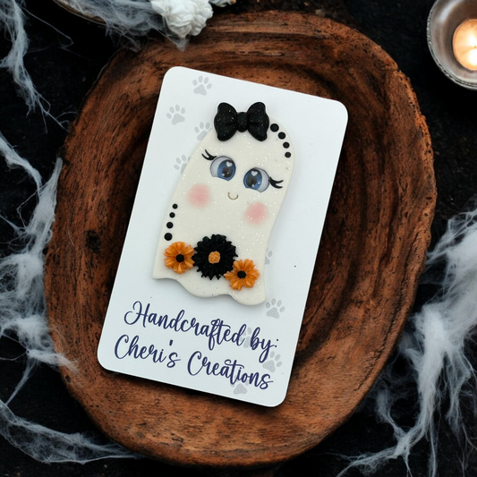 Orange & Black Floral Ghost Bow Center – Handmade Polymer Clay Embellishment