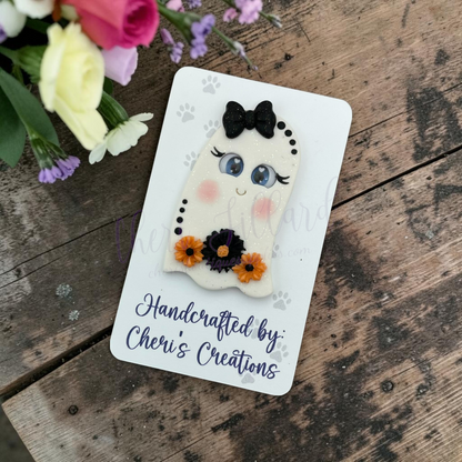 Orange Floral Ghost Bow Center – Handmade Polymer Clay Embellishment