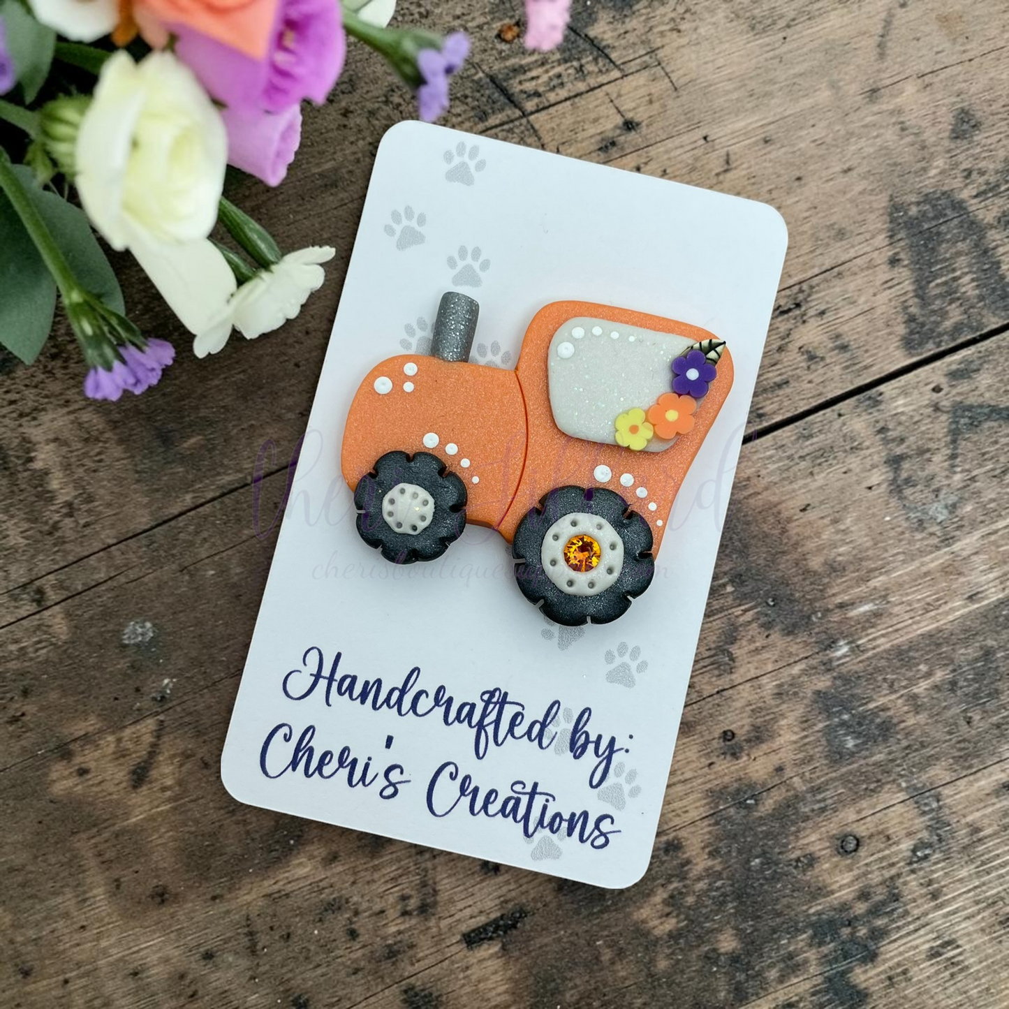 Orange Tractor Bow Center – Handmade Polymer Clay Embellishment