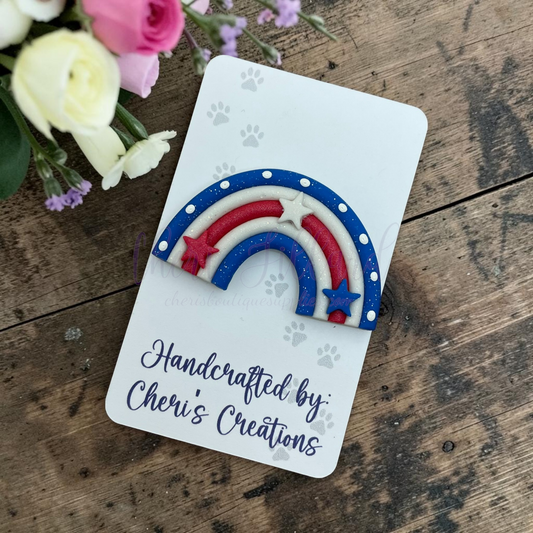 Patriotic Rainbow Bow Center – Handmade Polymer Clay Embellishment