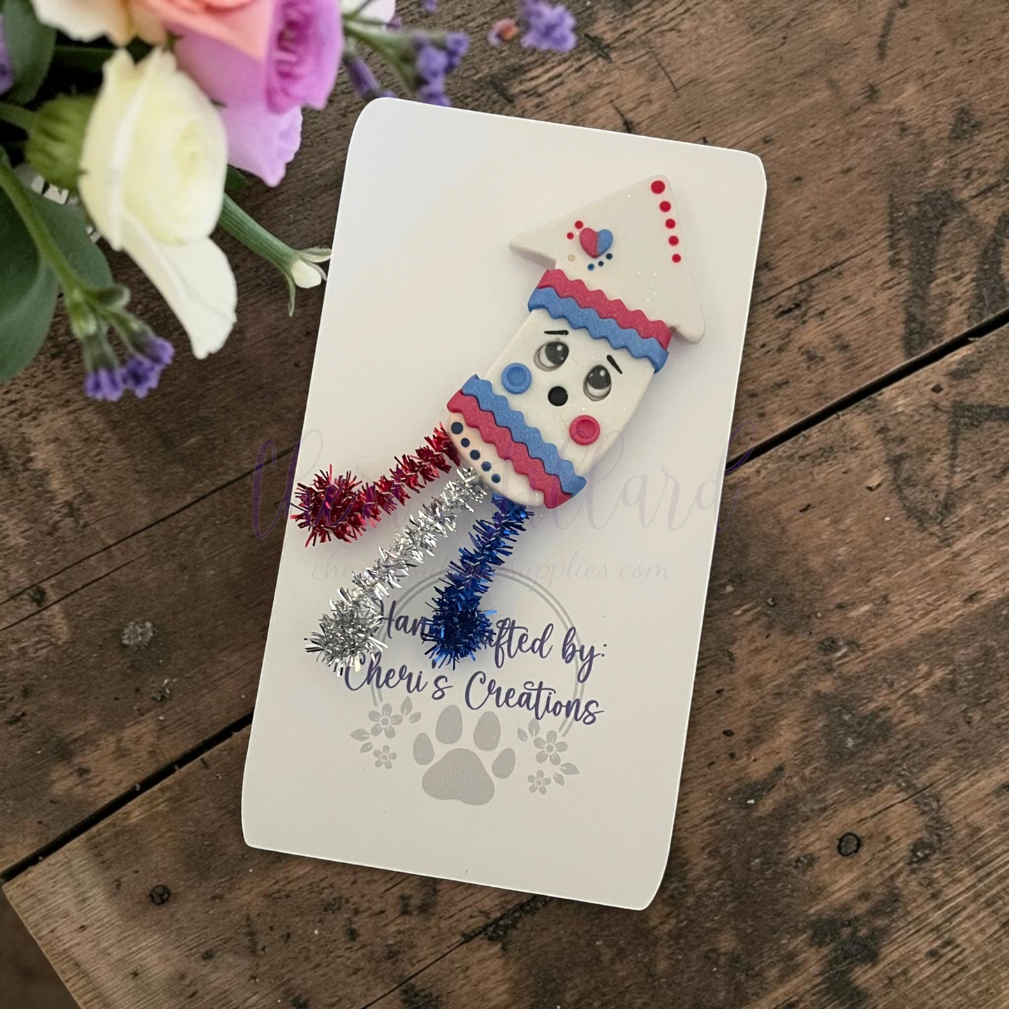 Patriotic Rocket Bow Center – Handmade Polymer Clay Embellishment