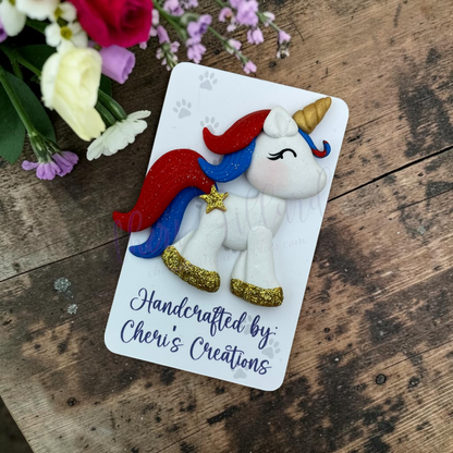 Patriotic Unicorn Bow Center – Handmade Polymer Clay Embellishment