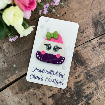 Pink & Purple Candy Corn Bow Center – Handmade Polymer Clay Embellishment