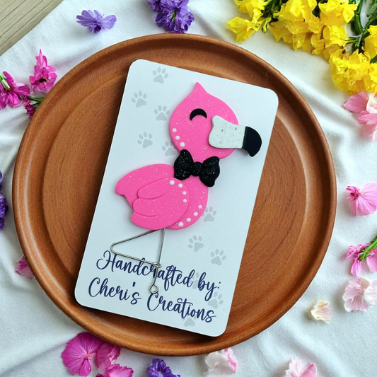 Pink Flamingo with Black Bowtie – Handmade Polymer Clay Embellishment for Bow Centers, Crafts & DIY Projects