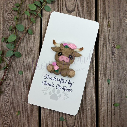 Pink Floral Highland Cow Bow Center – Handmade Polymer Clay Embellishment