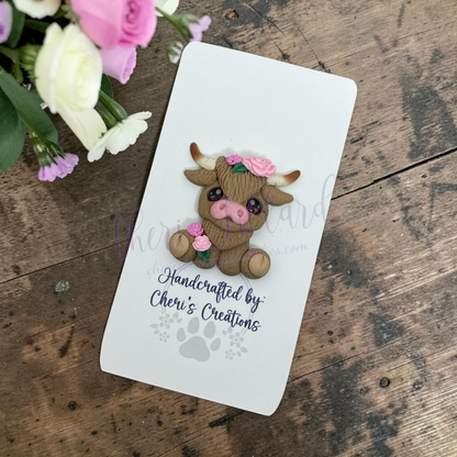Pink Floral Highland Cow Bow Center – Handmade Polymer Clay Embellishment