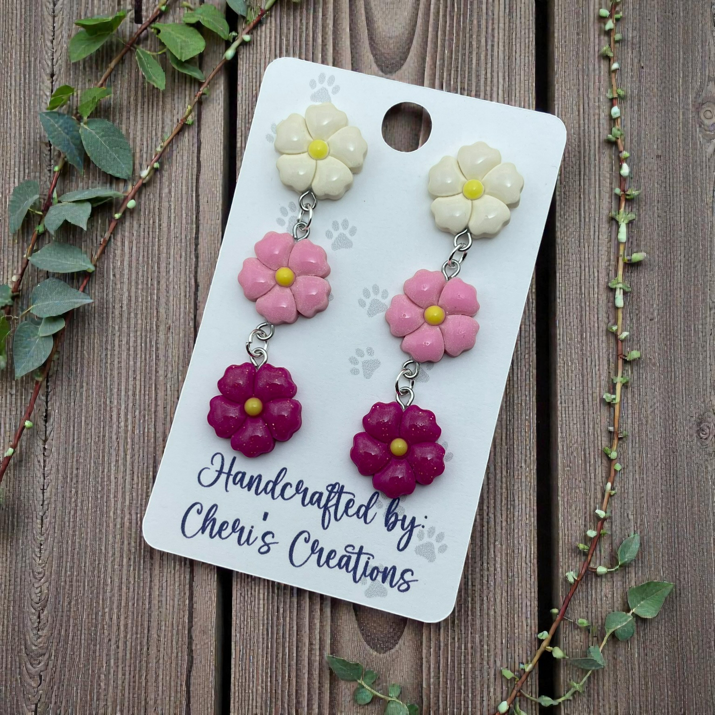 Shades of Pink Flower Dangle Earrings – Handmade Polymer Clay Earrings