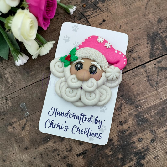 Pink Hat Santa Bow Center – Handmade Polymer Clay Embellishment