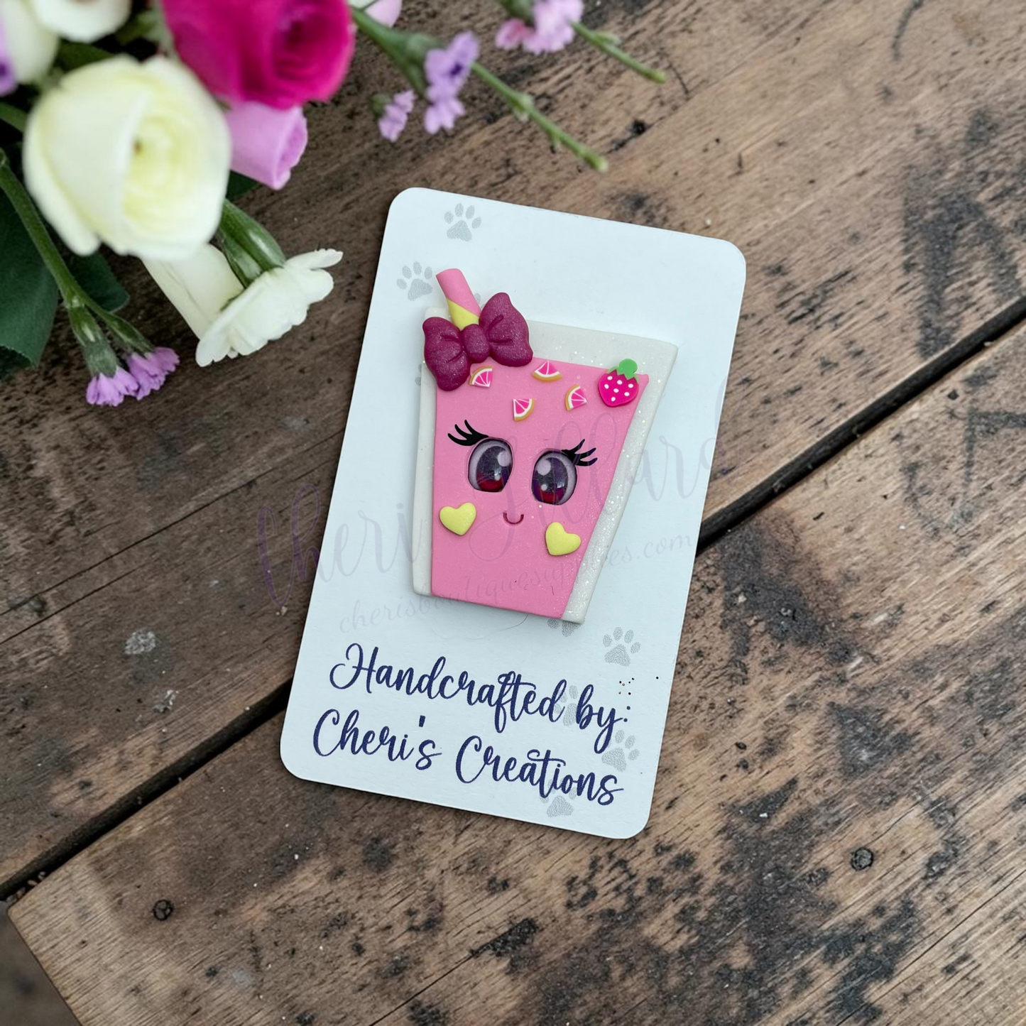 Strawberry Lemonade Cup Bow Center – Handmade Polymer Clay Embellishment