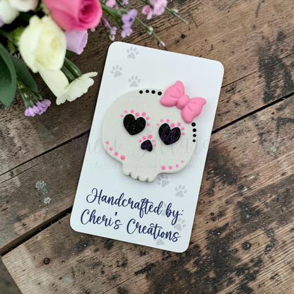 Pink Sugar Skull Bow Center – Handmade Polymer Clay Embellishment