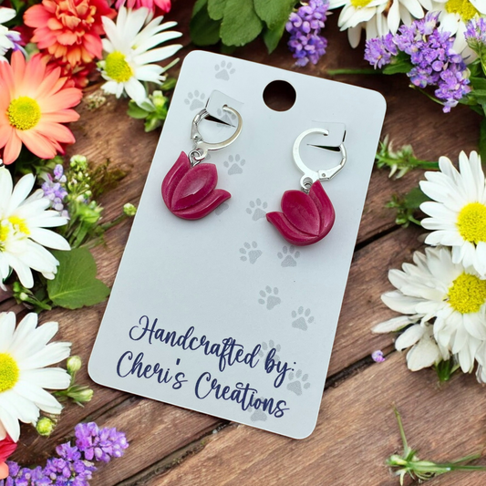 Bright Berry Pink Spring Tulip Polymer Clay Dangle Earrings