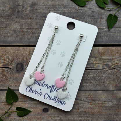 Pink & White Heart Dangle Earrings – Handmade Polymer Clay Earrings