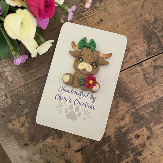 Poinsettia Highland Cow Bow Center – Handmade Polymer Clay Embellishment