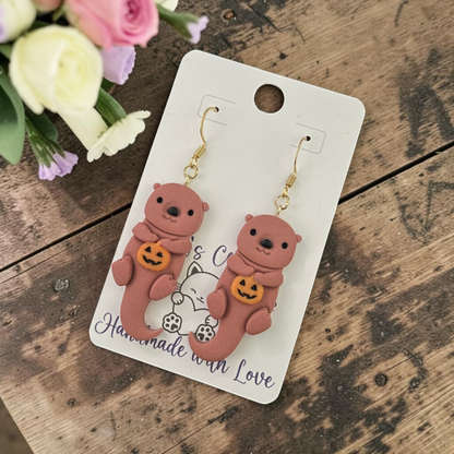 Pumpkin Otter Earrings - Handmade Polymer Clay Dangle Earrings