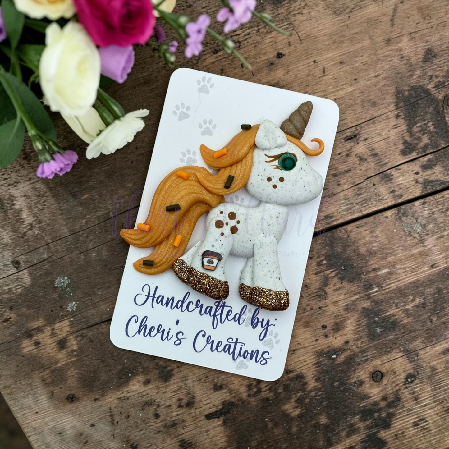 Pumpkin Spice Unicorn Bow Center – Handmade Polymer Clay Embellishment