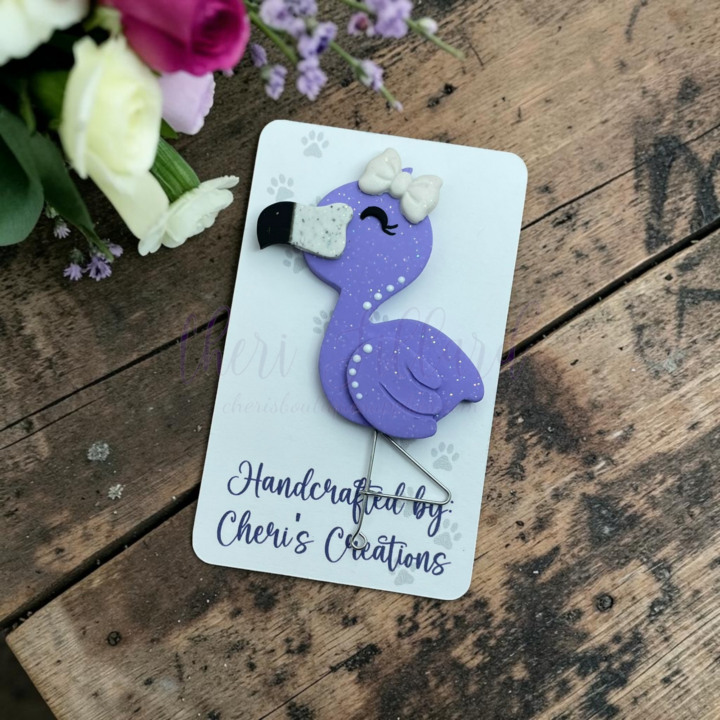 Purple Flamingo Bow Center – Handmade Polymer Clay Embellishment