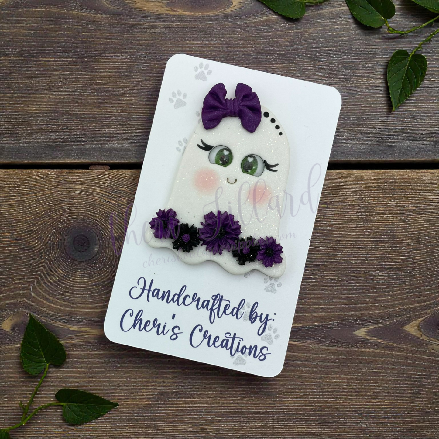 Purple Floral Ghost Bow Center – Handmade Polymer Clay Embellishment