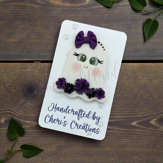 Purple Floral Ghost Bow Center – Handmade Polymer Clay Embellishment