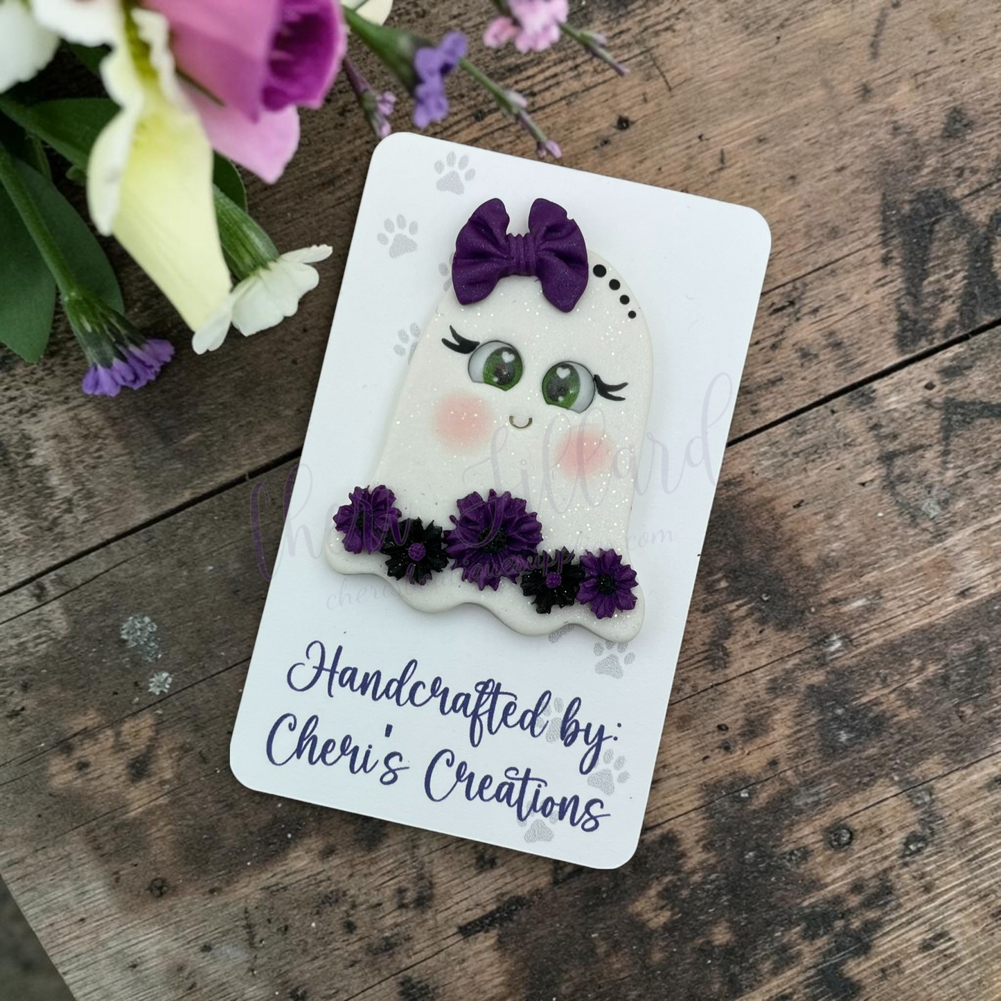 Purple Floral Ghost Bow Center – Handmade Polymer Clay Embellishment