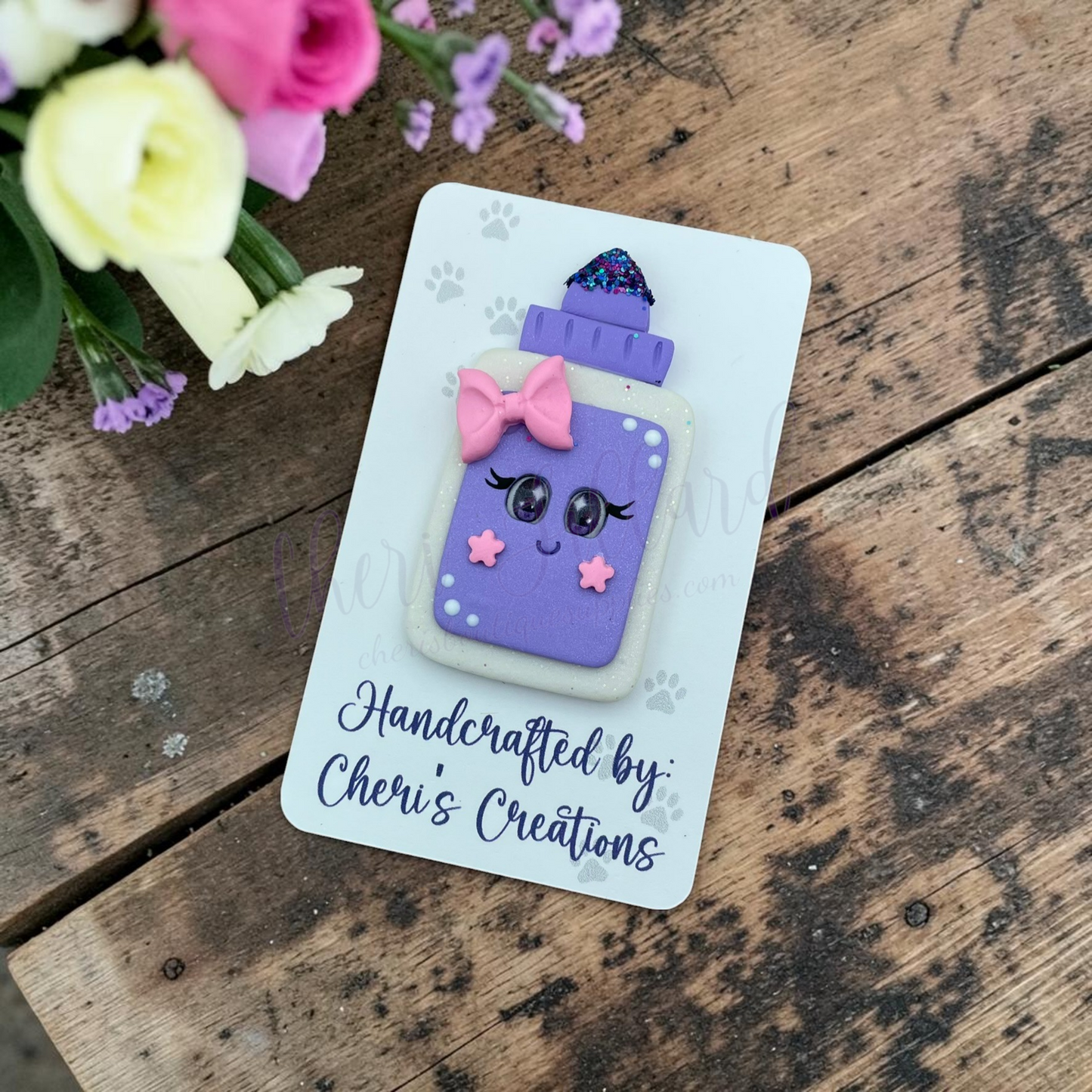 Purple Glitter Glue Bow Center – Handmade Polymer Clay Embellishment