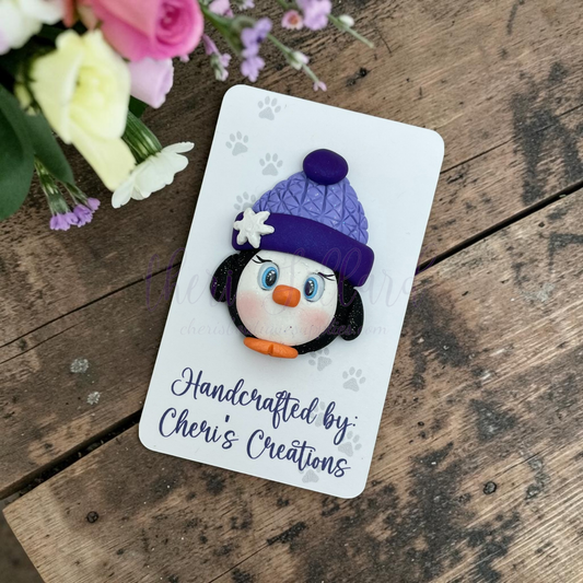 Purple Beanie Penguin Bow Center – Handmade Polymer Clay Embellishment