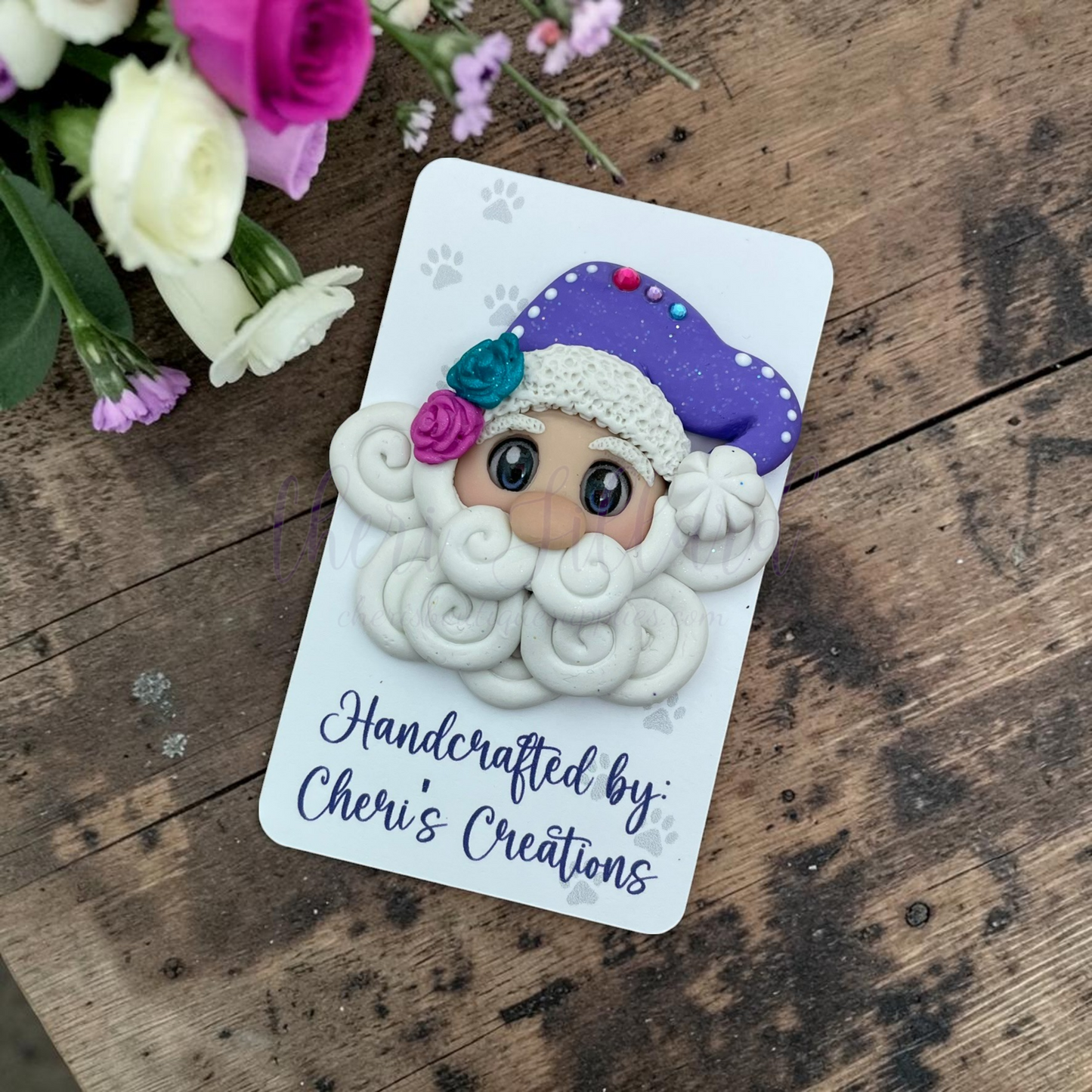 Purple Hat Santa Bow Center – Handmade Polymer Clay Embellishment