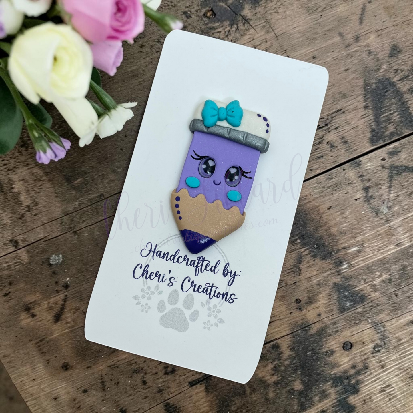 Purple Colored Pencil Bow Center – Handmade Polymer Clay Embellishment