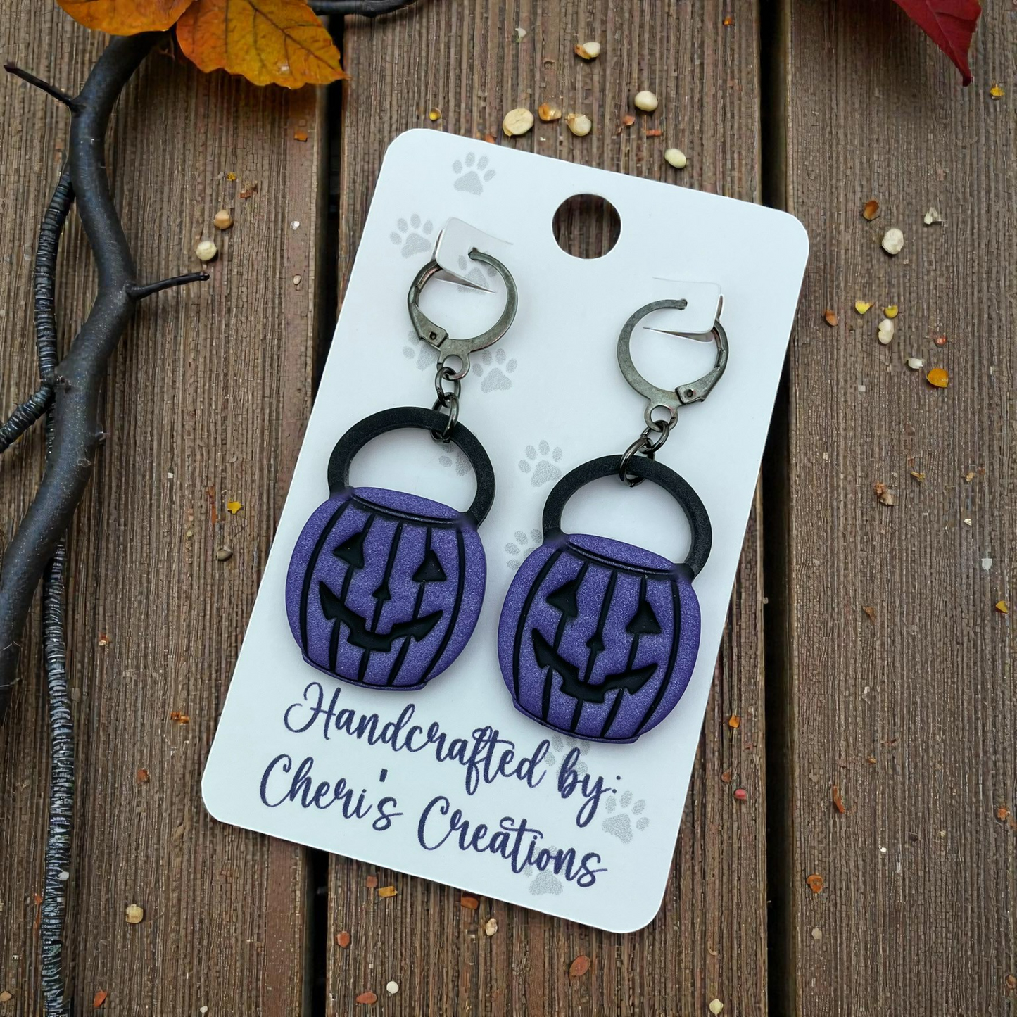 Purple Pumpkin Bucket Dangle Earrings – Handmade Polymer Clay Earrings