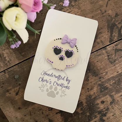 Purple Sugar Skull Bow Center – Handmade Polymer Clay Embellishment
