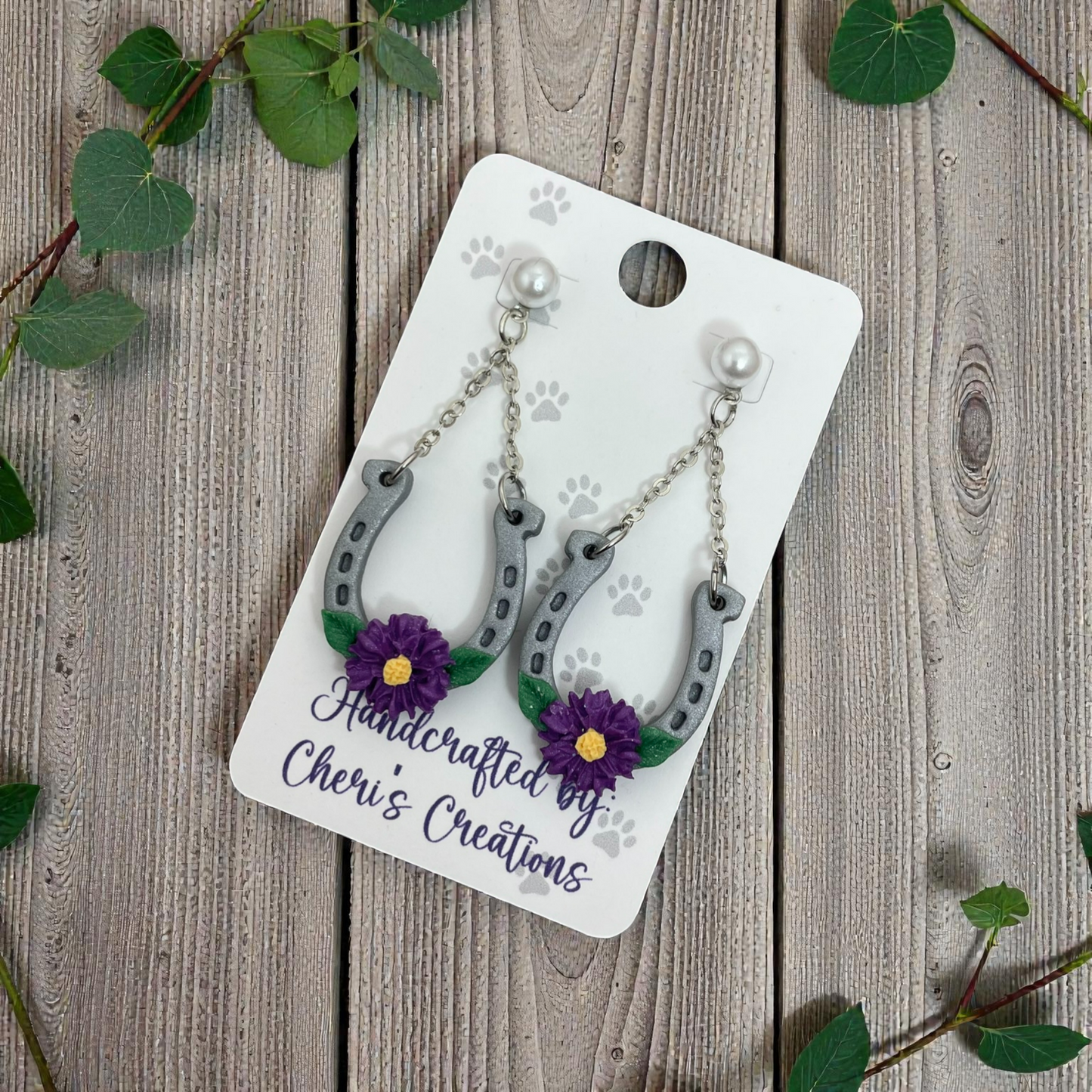 Purple Sunflower Horseshoe Dangle Earrings – Handmade Polymer Clay Earrings