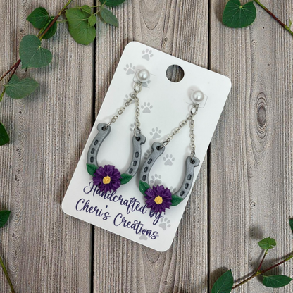 Purple Sunflower Horseshoe Dangle Earrings – Handmade Polymer Clay Earrings
