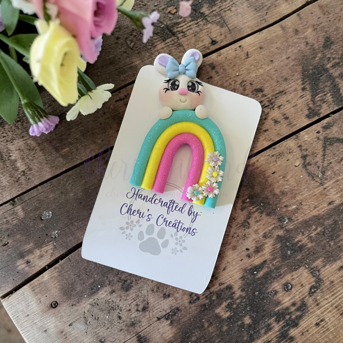 Rainbow Bunny Bow Center – Handmade Polymer Clay Embellishment
