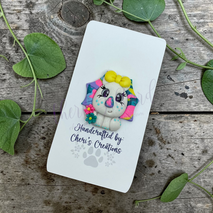 Rainbow Triceratops Bow Center – Handmade Polymer Clay Embellishment