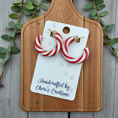 Red Candy Cane Hoop Earrings – Handmade Polymer Clay Earrings