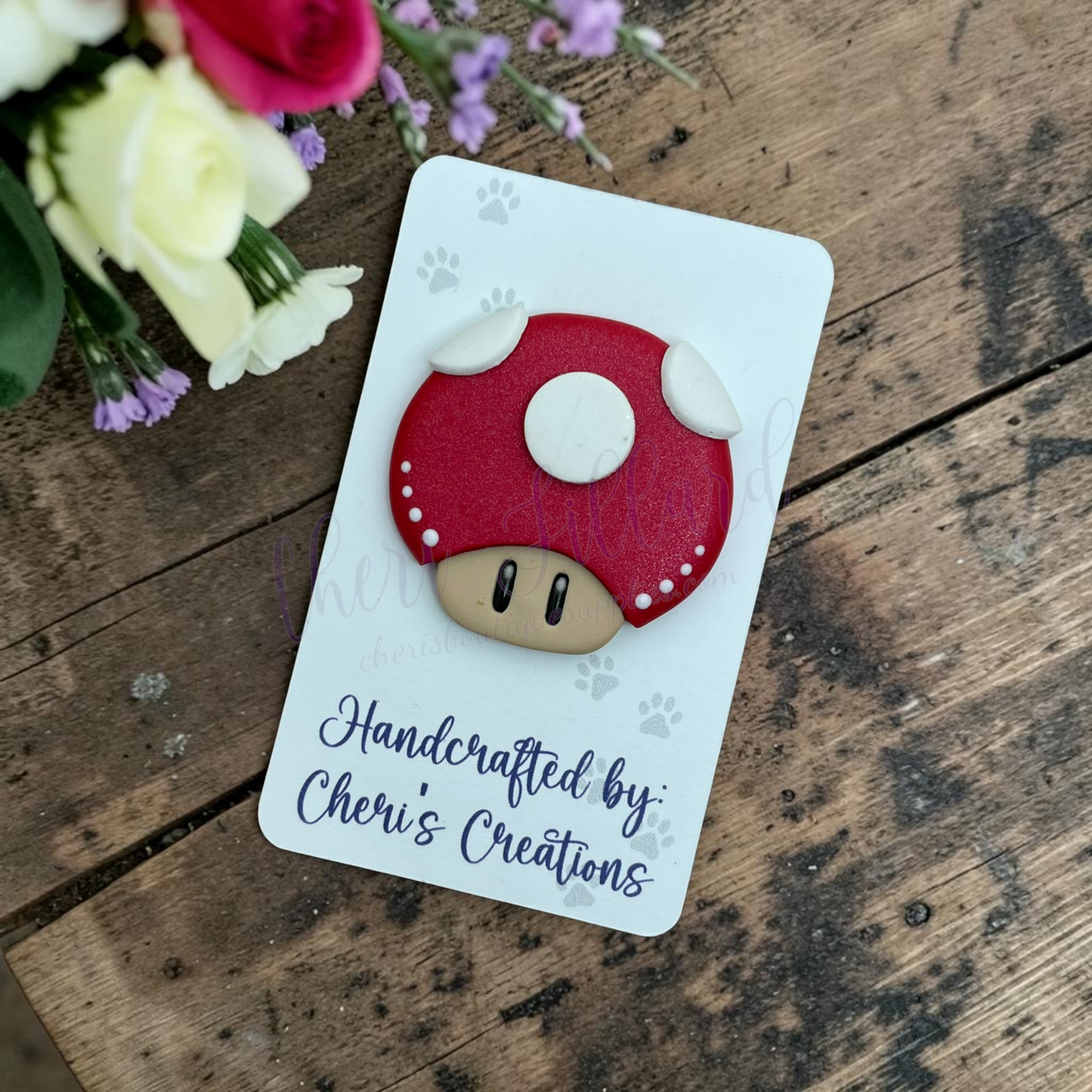 Red Cap Mushroom Bow Center – Handmade Polymer Clay Embellishment