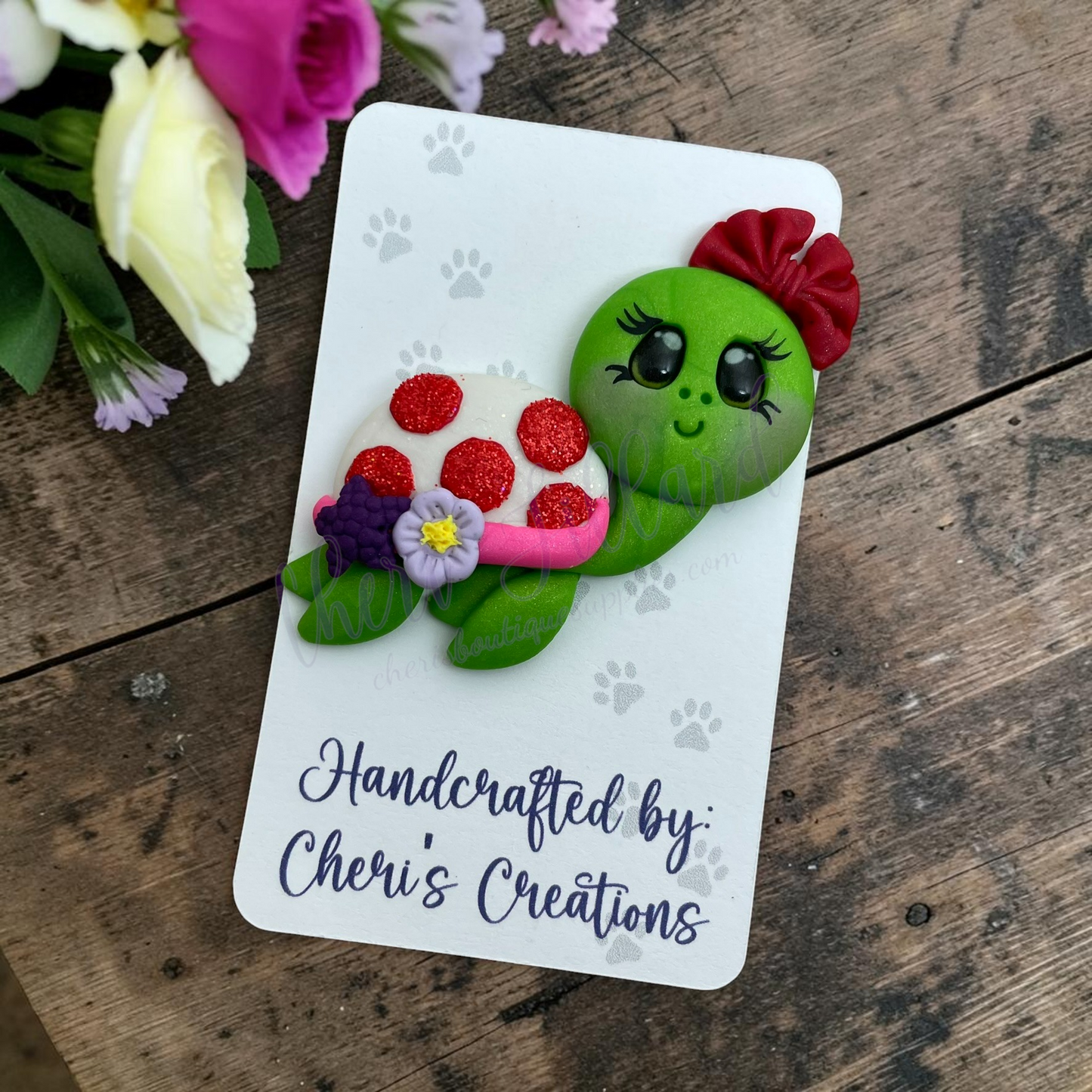 Red Spotted Turtle Bow Center – Handmade Polymer Clay Embellishment