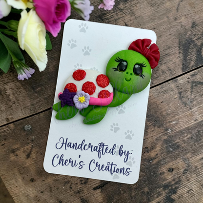 Red Spotted Turtle Bow Center – Handmade Polymer Clay Embellishment