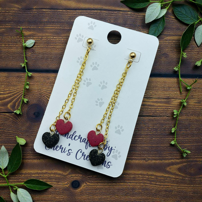 Red & Black Heart Dangle Earrings – Handmade Polymer Clay Earrings