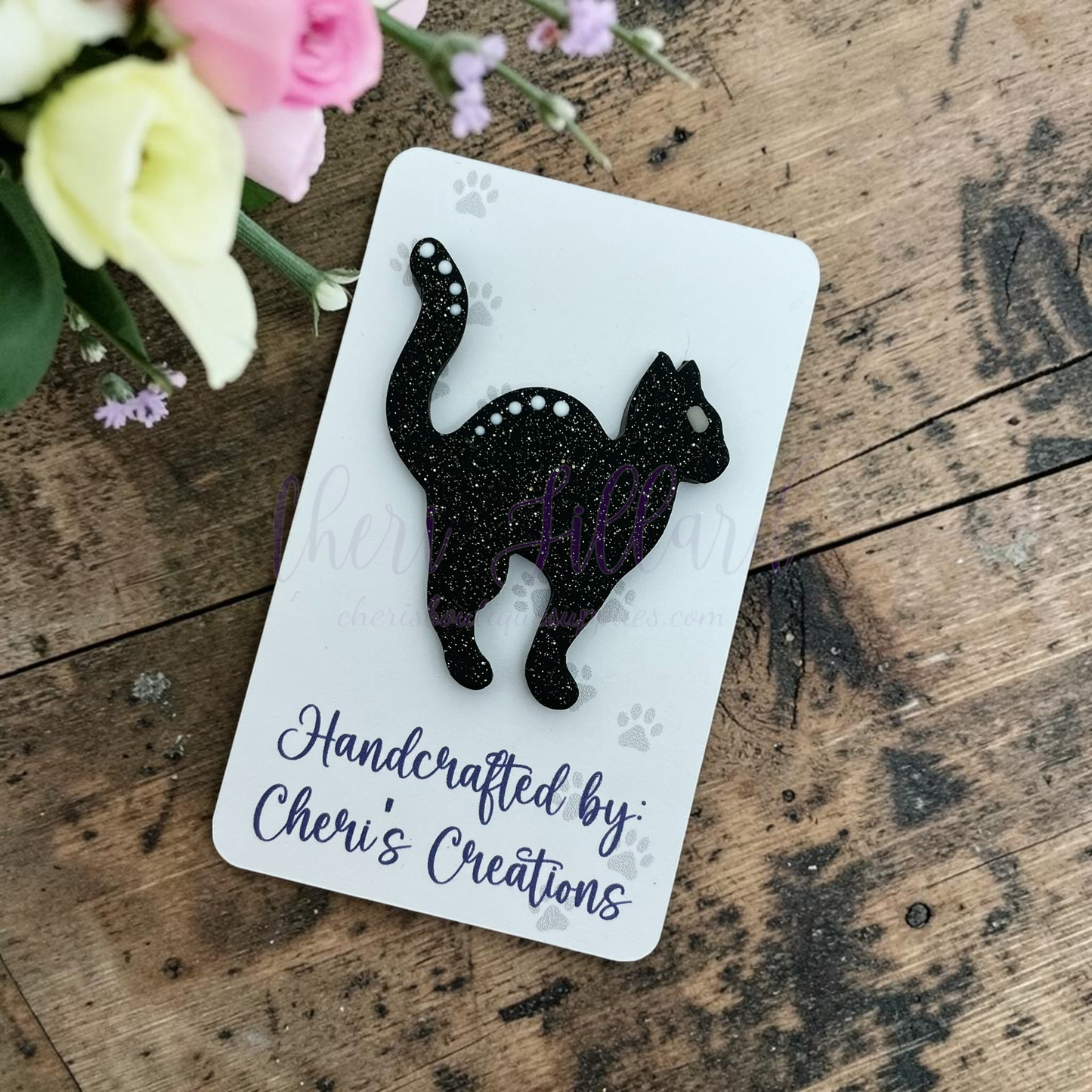 Shadow Cat Bow Center – Handmade Polymer Clay Embellishment