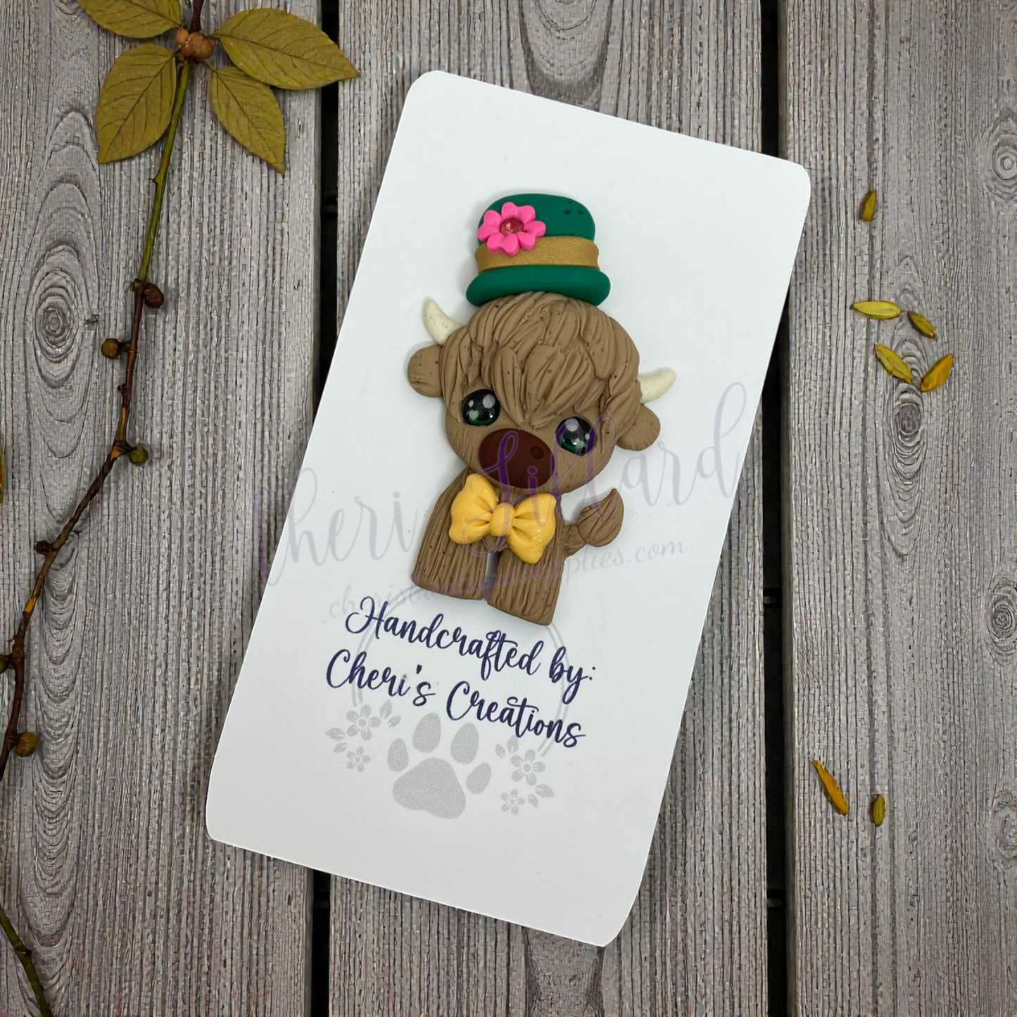 Shamrock Shaggy Cow Bow Center – Handmade Polymer Clay Embellishment